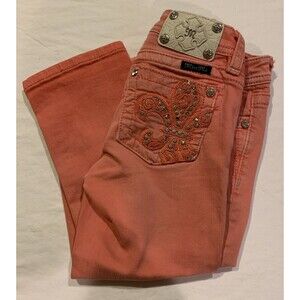 Miss Me Denim Jeans Girls 12 Pink Cuffed Capri Rhinestone Embellished